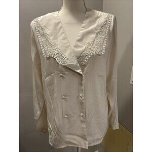 Vintage 90s Y2k Envious Size 10 Ivory Blouse Long Sleeve Lace Trim Button